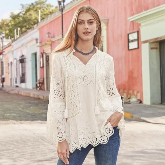 Sundance Lisette Boho Eyelet Lace Tunic Top w Tassels Sz Small Cotton Blouse - Picture 1 of 5